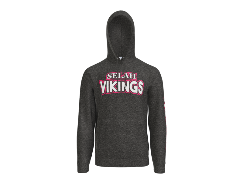 Dark heather grey with bold chest and sleeve logo