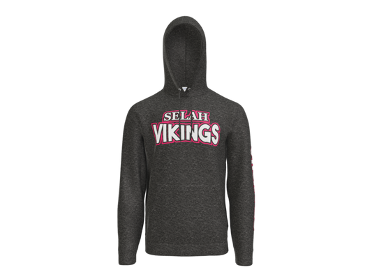 Dark heather grey with bold chest and sleeve logo