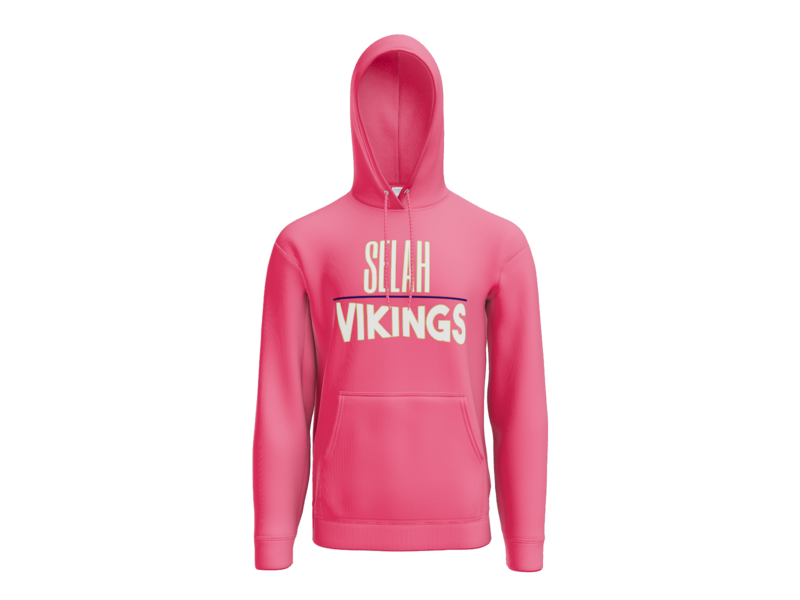 Neon pink hoodie with navy bar logo