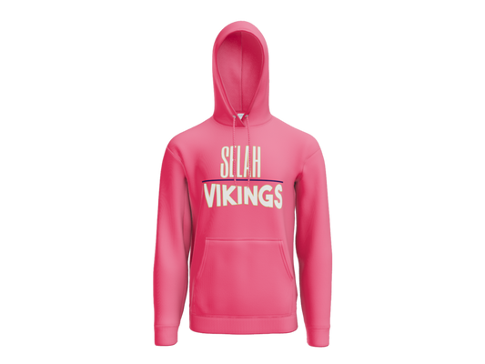 Neon pink hoodie with navy bar logo