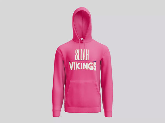 Neon pink hoodie with navy bar logo